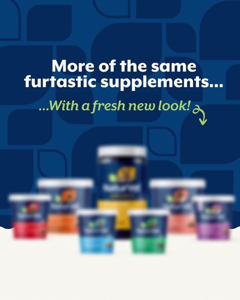 A visually clean, bold-blue background features a collection of pet supplement containers with a clear, direct headline about a fresh look.